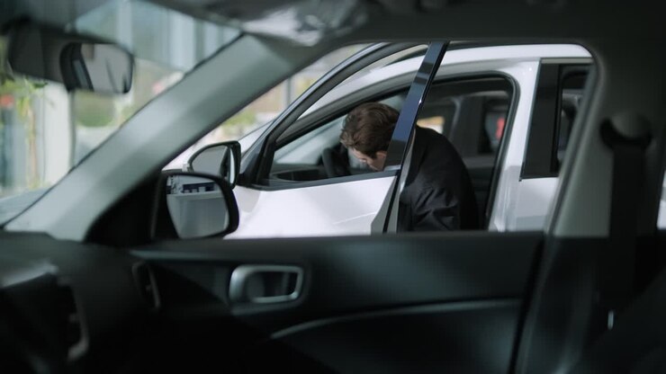 Uomo in giacca e cravatta all'interno di un'auto