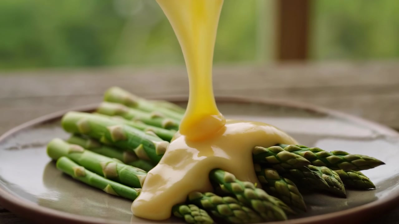 Un movimento ravvicinato mostra una densa salsa gialla che scorre su freschi asparagi verdi su un piatto di ceramica, creando riflessi lucidi e un forte contrasto in un'elegante presentazione di cibo gourmet.