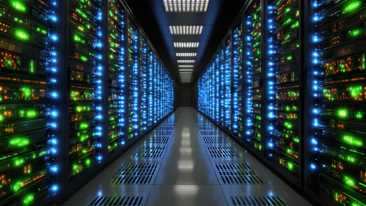 A Glimpse into a High-Tech Data Center: Awe-Inspiring Server Racks Illuminated with Vibrant Blue and Green Lights, Showcasing Modern Computing Power and Connectivity