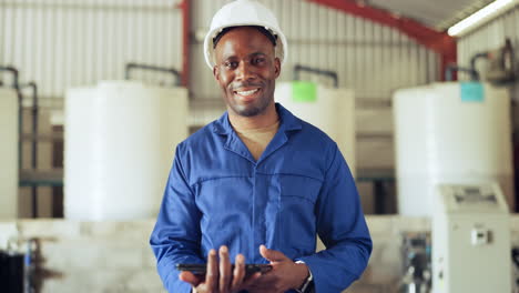 Happy-black-man,-face-and-engineer-with-tablet