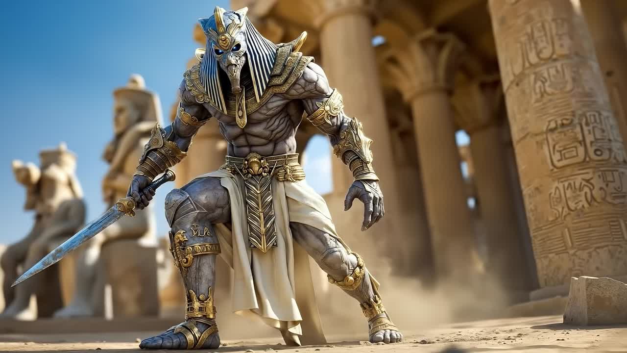 A statue of anubis holding a sword in front of a temple