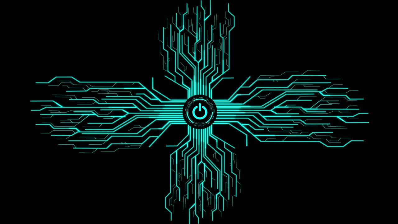 Digital Power Button With Futuristic Artificial Intelligence Spreading Through Internet. Visualization Of Machine Learning, Computer Technology, Neural Network