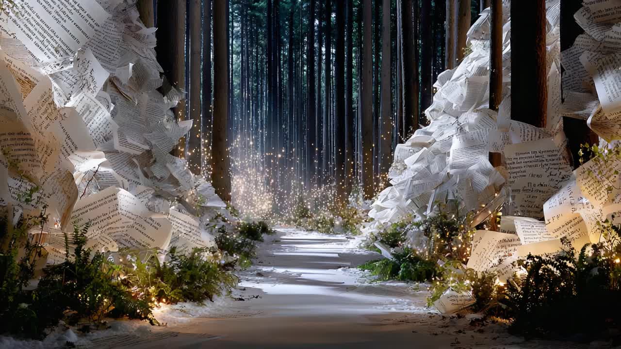 A Mystical Forest Path Illuminated by Ethereal Lights and Floating Pages, Creating a Whimsical Atmosphere of Enchantment and Imagination Amidst the Tall Trees and Soft Snow