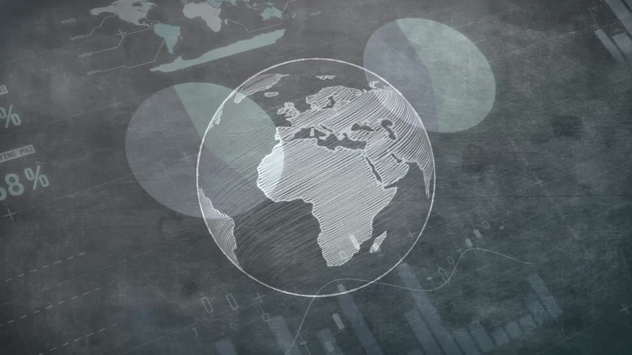 animación del globo girando sobre la pantalla del mercado de valores en el fondo.