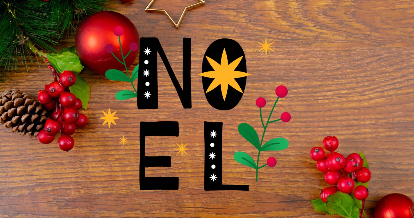 Animazione del testo 'Natale' e decorazioni su sfondo di legno