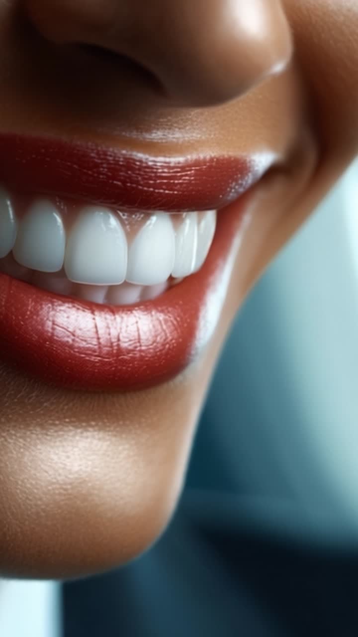 Close-Up of a Smiling Face with Healthy Teeth and Glossy Lipstick Highlighting Joy and Positivity in a Professional Setting