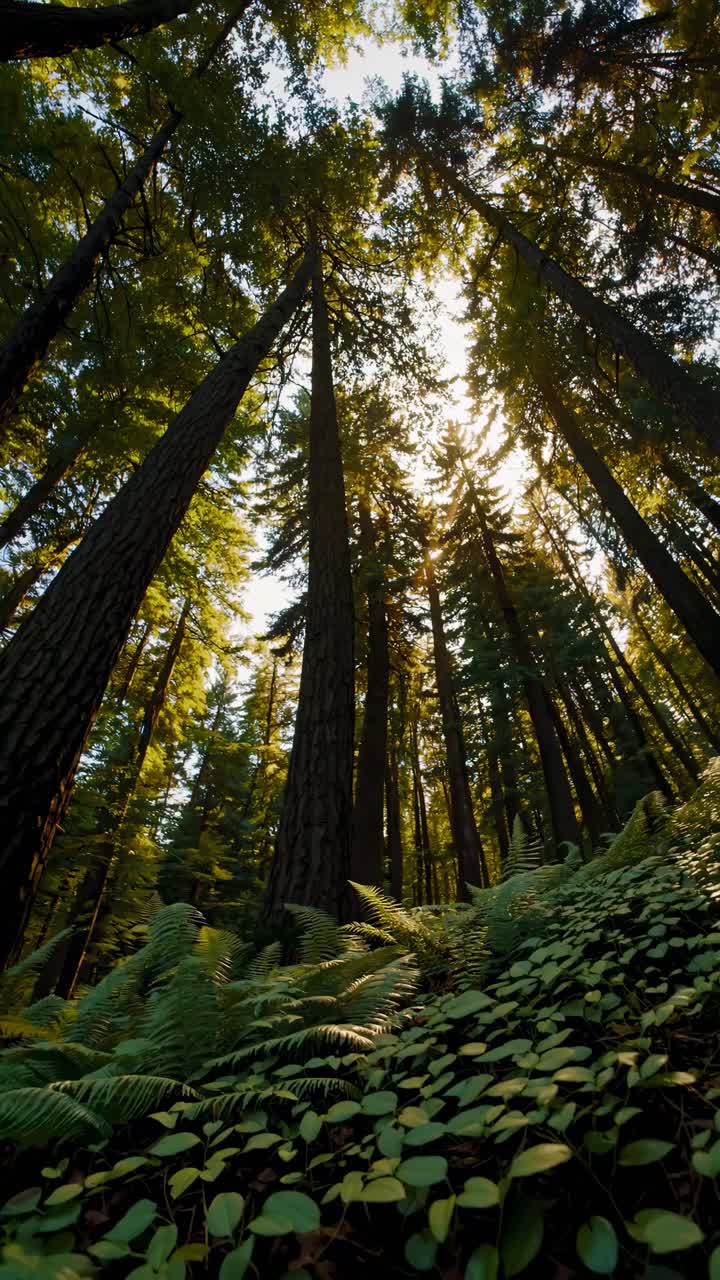 A serene forest scene captured from a low-angle, showcasing towering trees and lush greenery