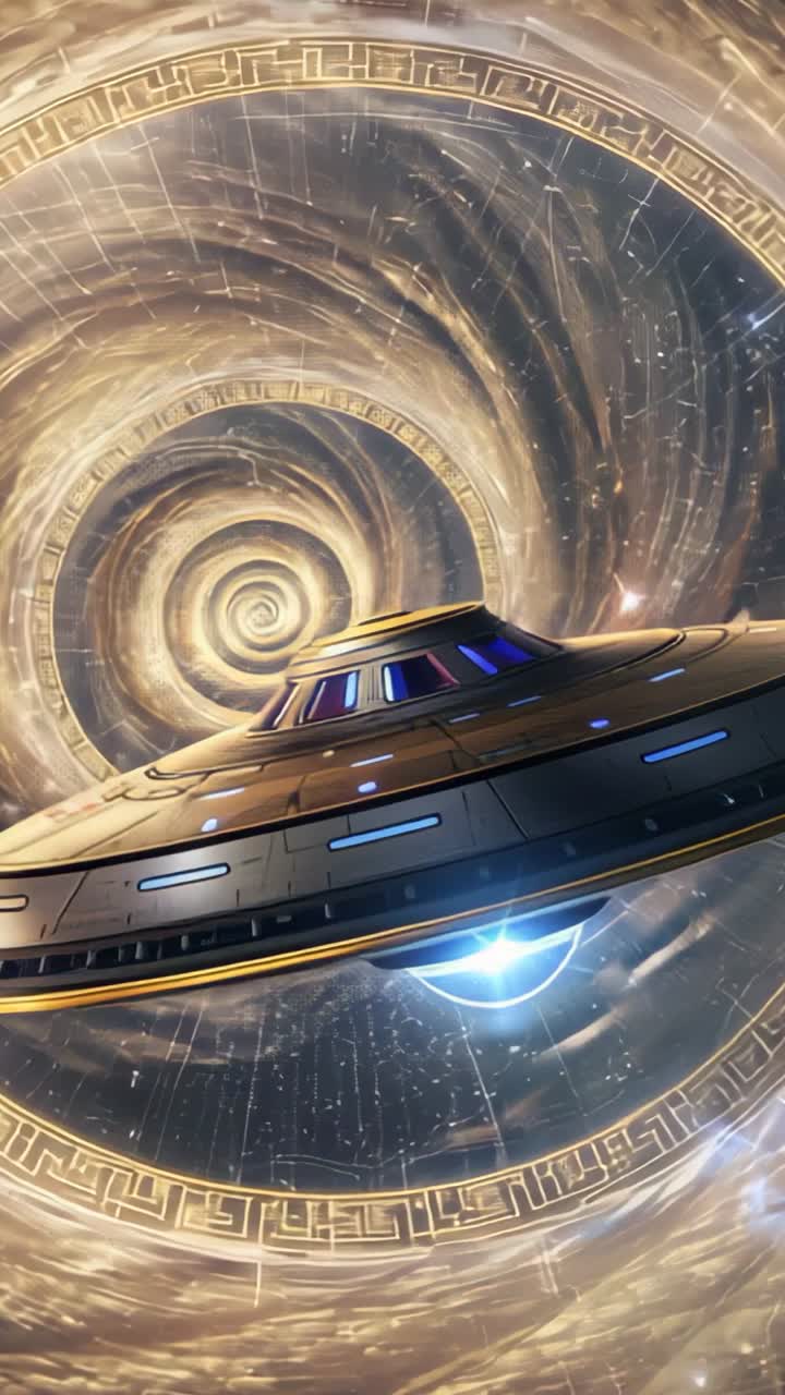Vertical video: Entering frame, craft sliding into swirling golden portal, emitting blue energy
