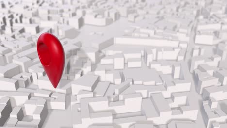 renderizado en 3d del pin de geotag rojo sobre el mapa de la ciudad del bloque blanco.