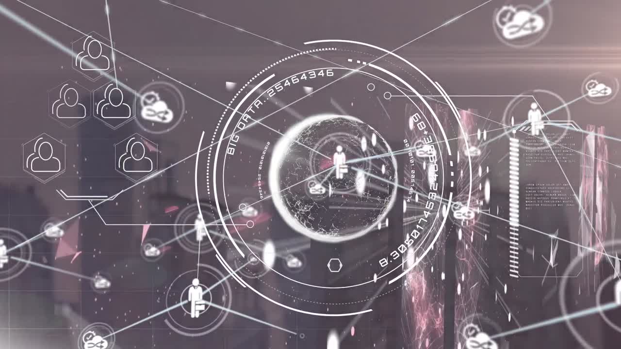 animación de la red de conexión con iconos y procesamiento de datos sobre el paisaje urbano