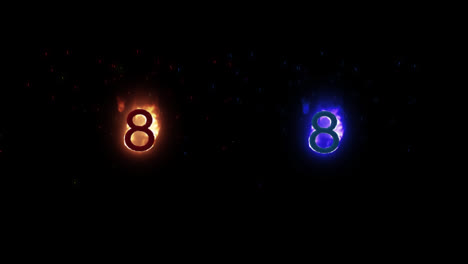 Digitale-Animation-Von-Zwei-Brennenden-Symbolen-Der-Zahl-Acht-Vor-Schwarzem-Hintergrund