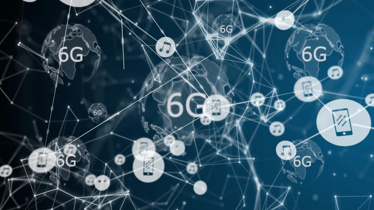 6G network and digital communication symbols over interconnected globe animation