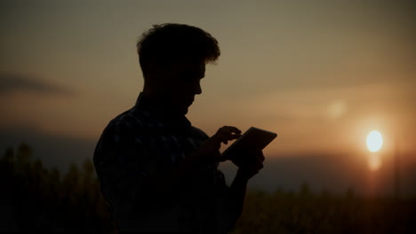 Silhouette-Agronom-Mit-TabletPC-In-Der-Farm