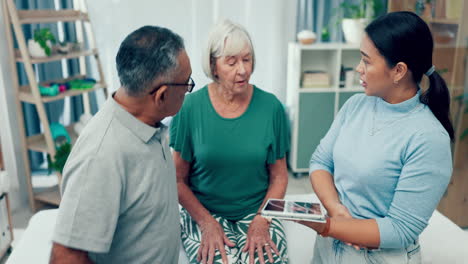 physiotherapist, tablet or old couple talking
