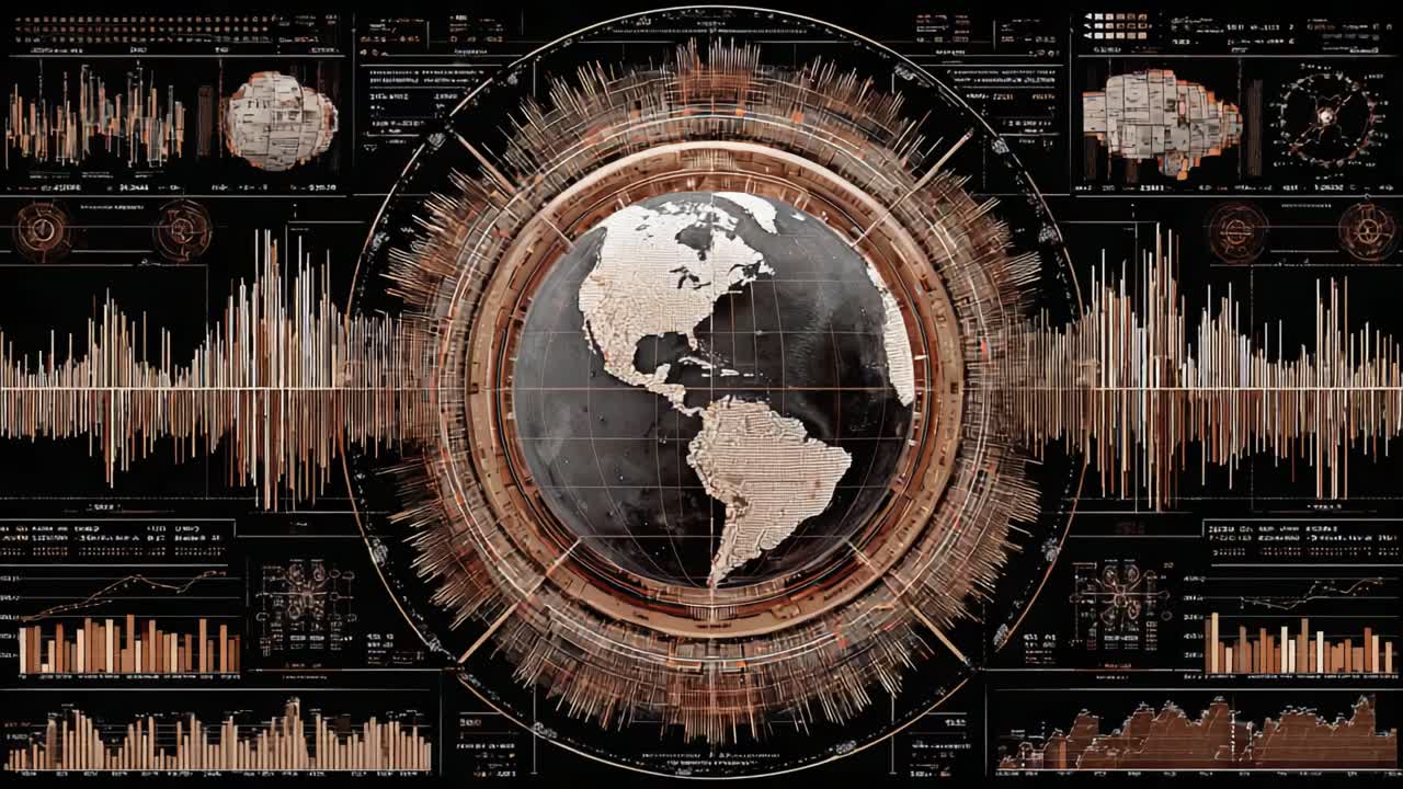 Captivating Visualization of Global Data Trends: A Dynamic Interface Showcasing the Earth with Intricate Graphs and Soundwaves Representing Data Performance