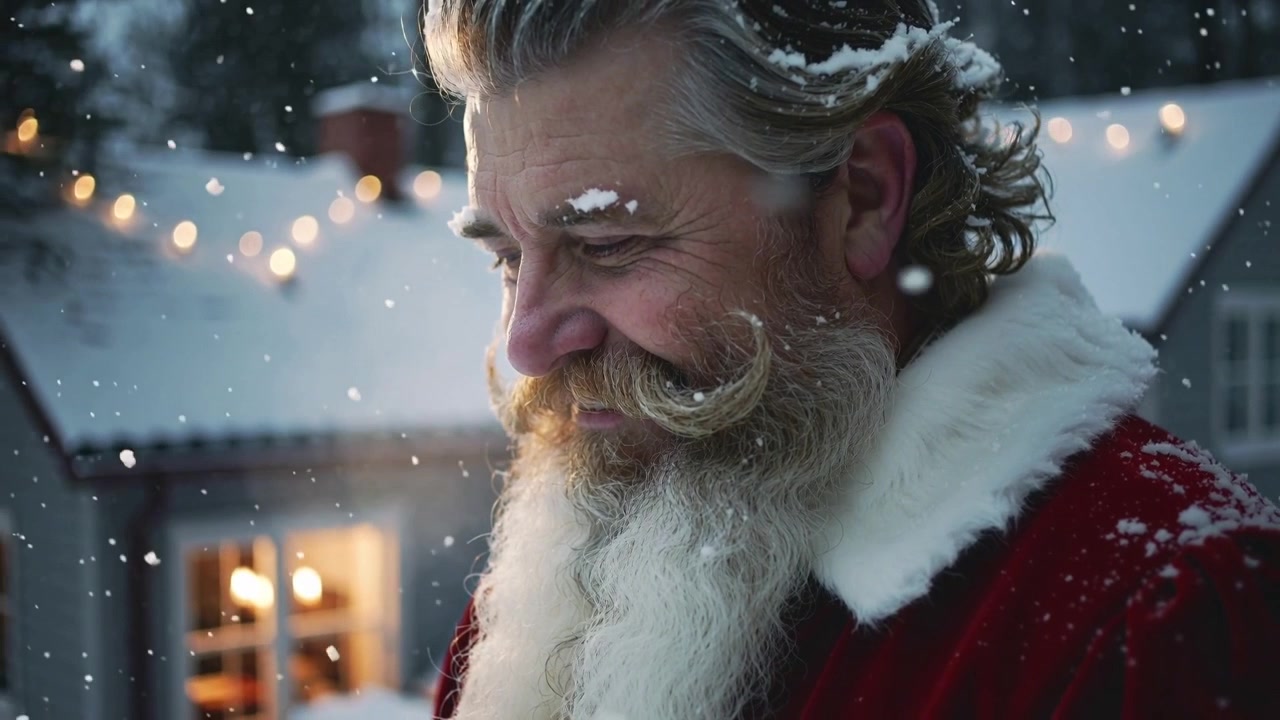 Lächelnder Weihnachtsmann in rotem Mantel mit weißem Pelzkragen draußen, fallender Schnee sammelt sich am Bart, mit Platz für Text.