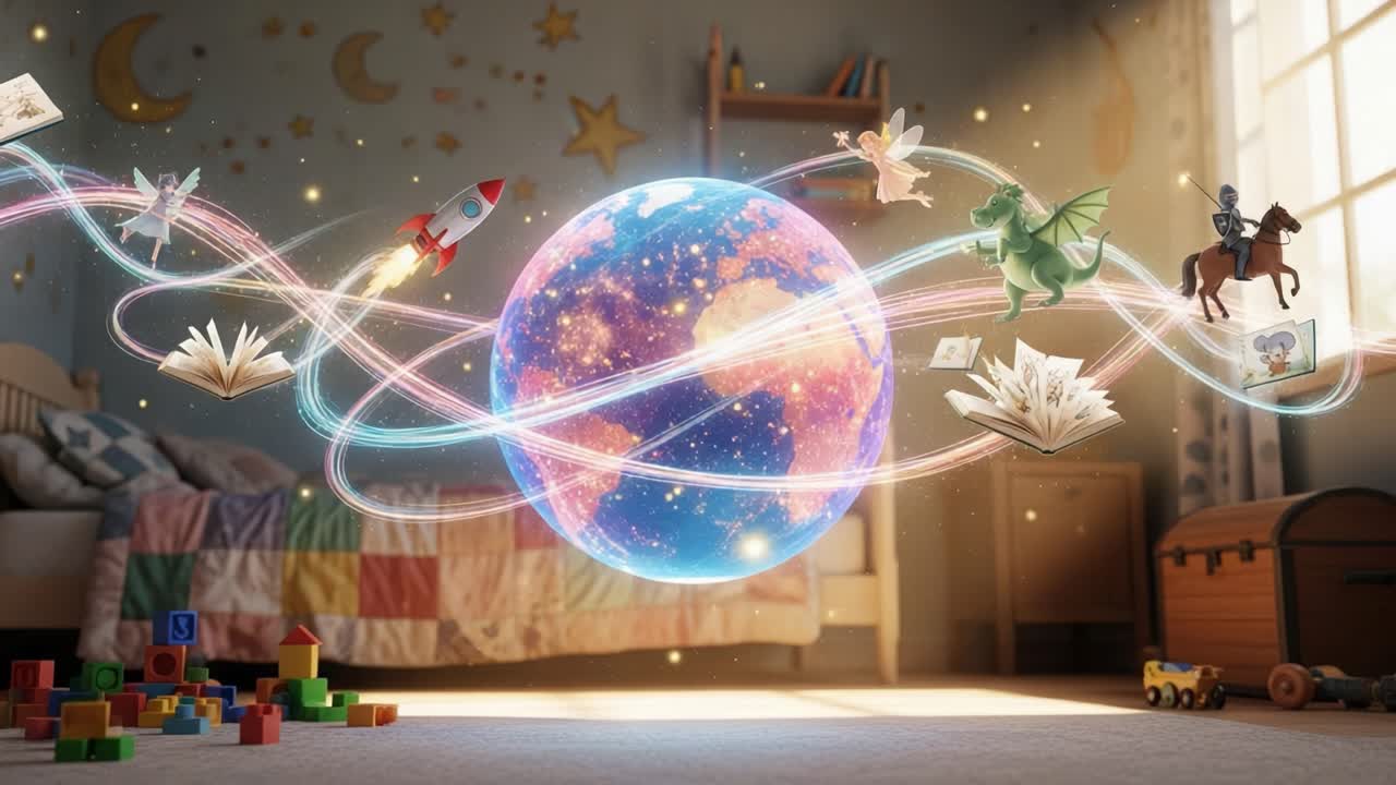 A Whimsical Journey Through Imagination: The Vibrant World of Fantasy and Adventure Animated in a Child's Cozy Bedroom Setting