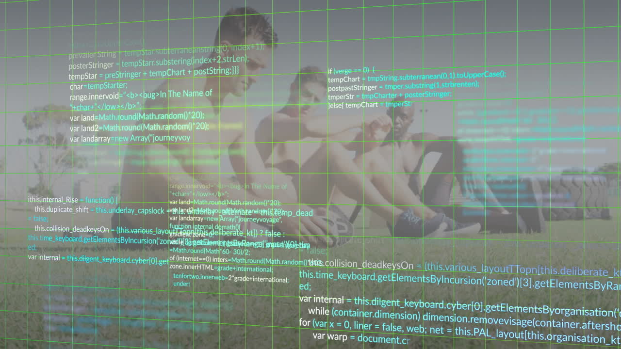 Male rugby players tackling carrying ball on pitch showing floating technology code grid overlays