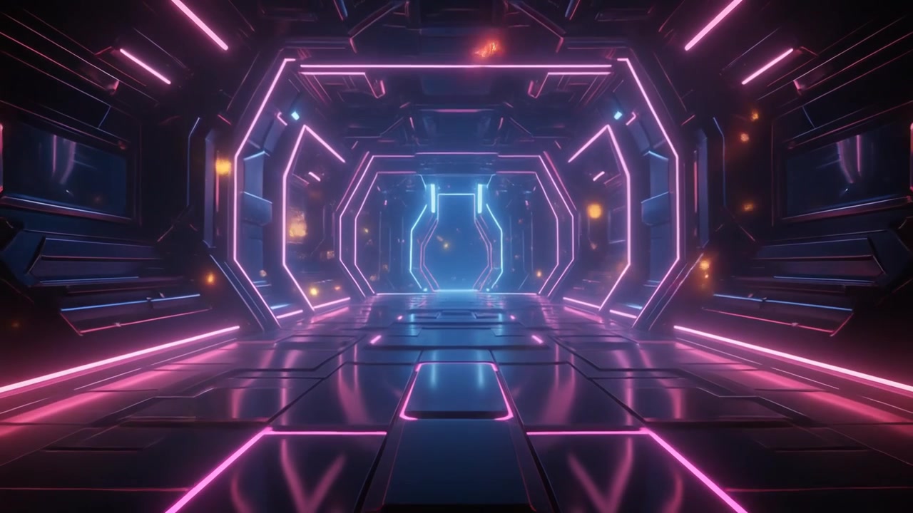 Corridoio fantascientifico futuristico con luci al neon incandescenti.