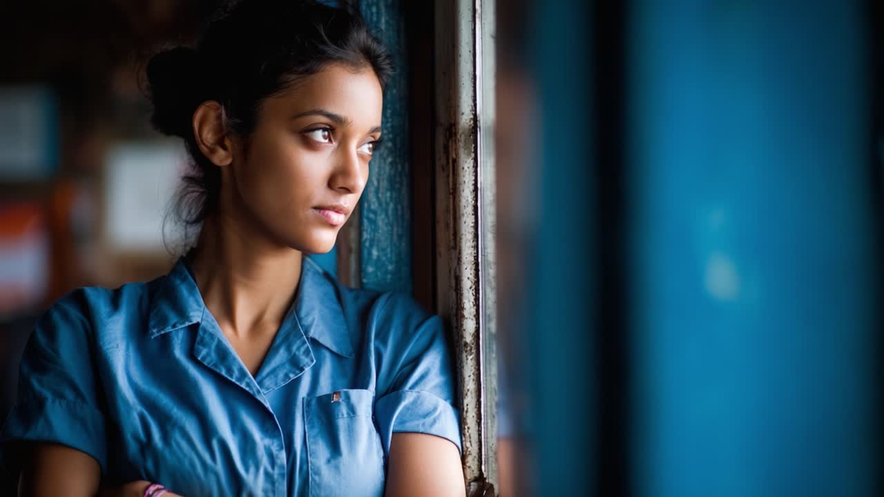 A reflective moment captures the essence of contemplation, showcasing a young woman lost in thought, framed by a serene, colorful window backdrop and an aura of introspection