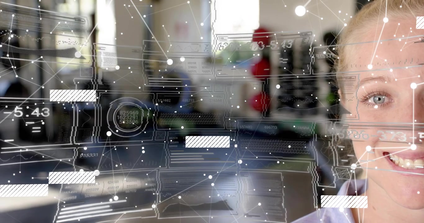 Opening scene showing woman in office, network lines floating and data bars sliding for analysis