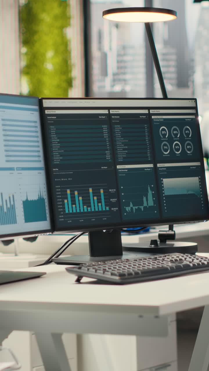 Vertical Video Empty business office is equipped with resources and dual monitors