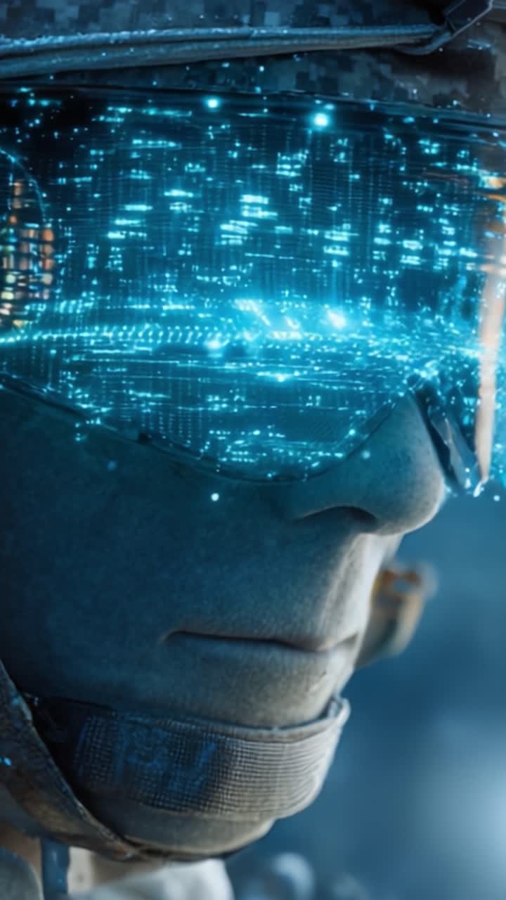 A Futuristic Soldier with High-Tech Visor Displaying Digital Data in a Dynamic Environment, Captured in Two Frames - First and Last Moments of an Immersive Experience