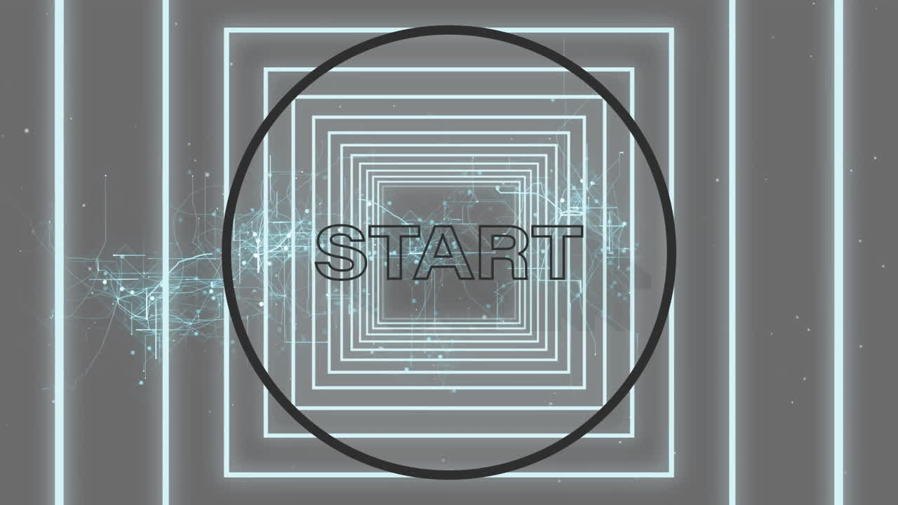 Animation of start text in black circle outline over tunnel of glowing squares and networks