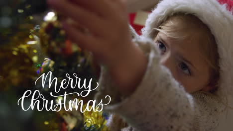 animation of season's greetings text over caucasian girl and christmas tree