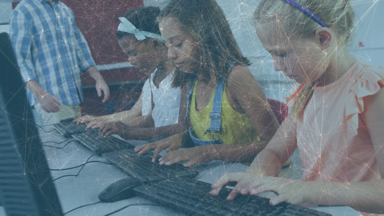 Network of connections over caucasian male teacher teaching students to use computer at school