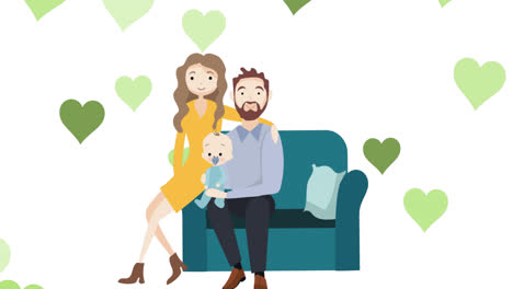 Animation-Von-Eltern-Mit-Baby-Auf-Dem-Sofa-Auf-Weißem-Hintergrund-Mit-Herzen