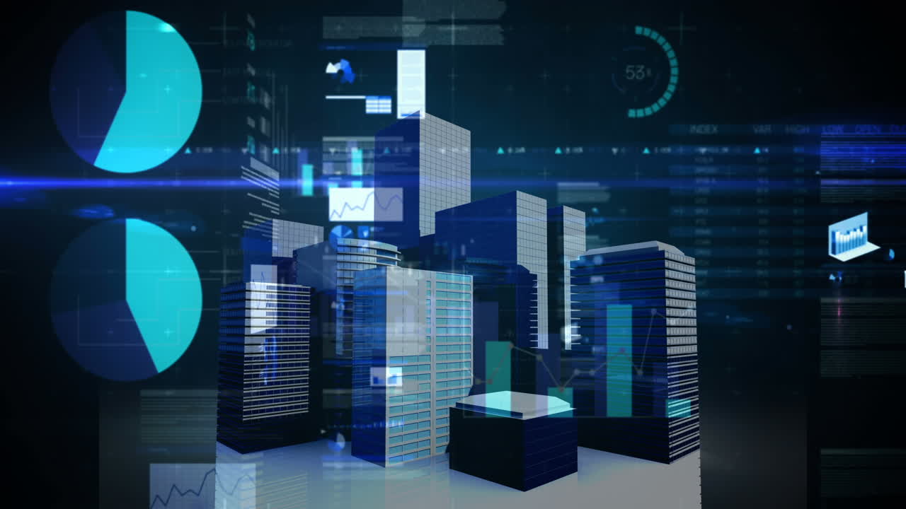 Animation of financial data processing over cityscape