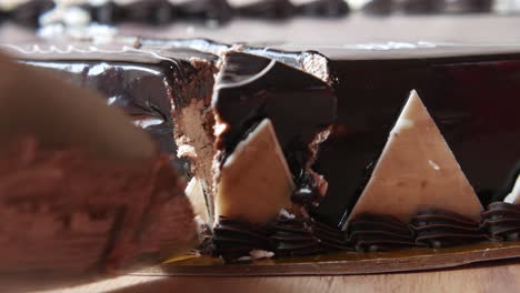 close-up of a chocolate cake being sliced