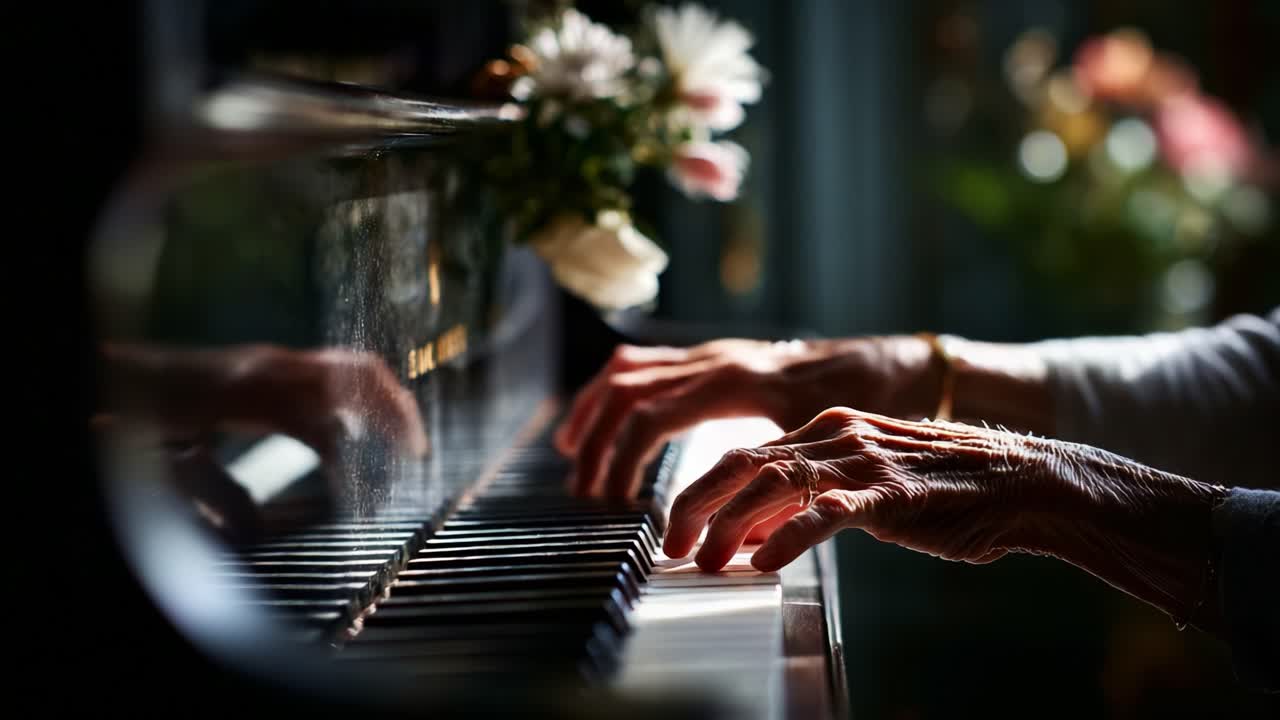 Primo piano di mani espressive che suonano il piano con grazia, mostrando la bellezza della musica e il tocco delicato delle dita che colpiscono i tasti in perfetta armonia ed emozione