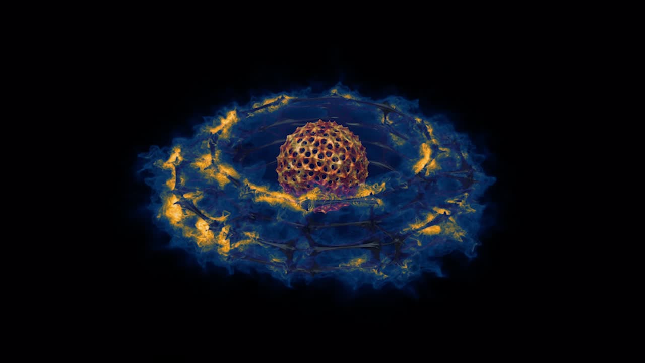 un anillo ardiente de fuego. llamas ardientes y chispas que emiten de un anillo. orbe puntiagudo giratorio en el centro