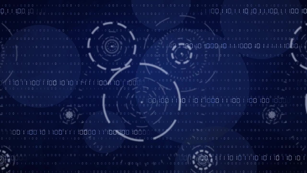 abstract digital animation of complex binary code and glowing circular data interfaces for high-tech cybersecurity concepts