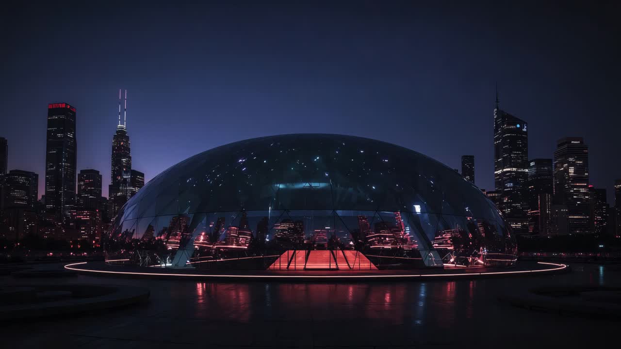Futuristic Dome in Cityscape at Night