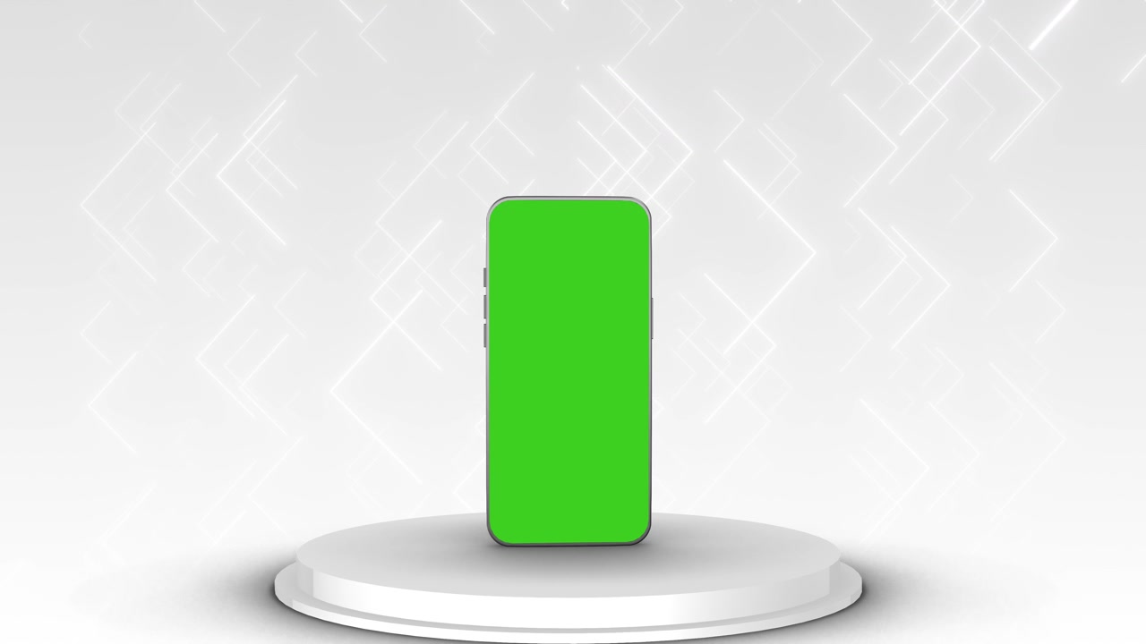Mockup pulito di display mobile chroma, telefono in verticale su piattaforma rotonda bianca e studio luminoso.