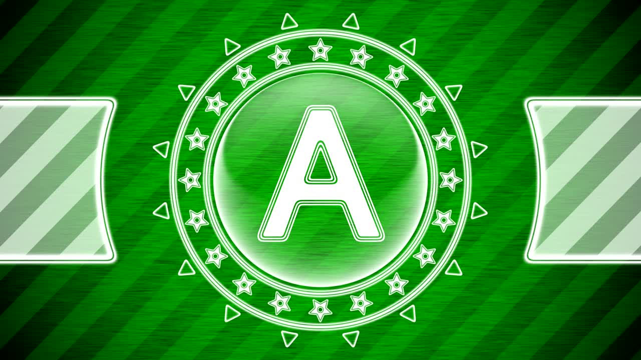 una letra en forma de círculo y fondo a rayas verdes. ilustración.