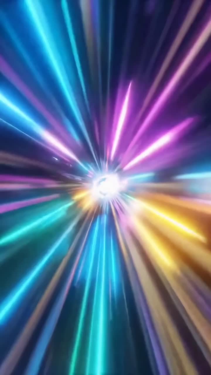 Dynamic video of colorful light beams radiating from a central point, captured from a front-facing