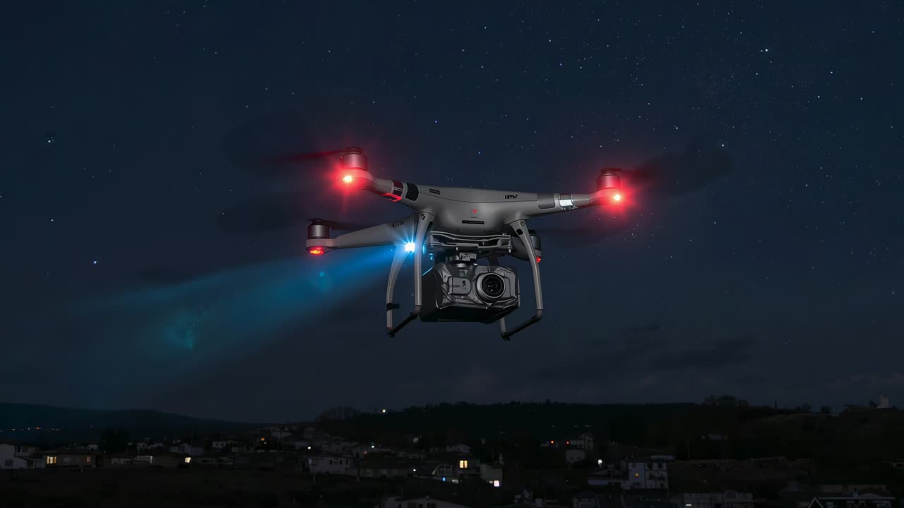 Hovering drone already flying over homes at night, gimbal-cam pointing, blue beam red LEDs scanning