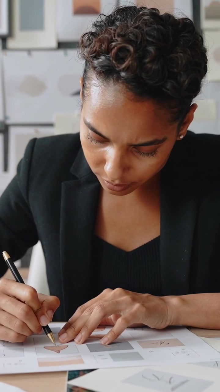 Vídeo vertical: Abrindo uma pilha de documentos, mulher de blazer preto marcando folhas com caneta na mesa para o layout.