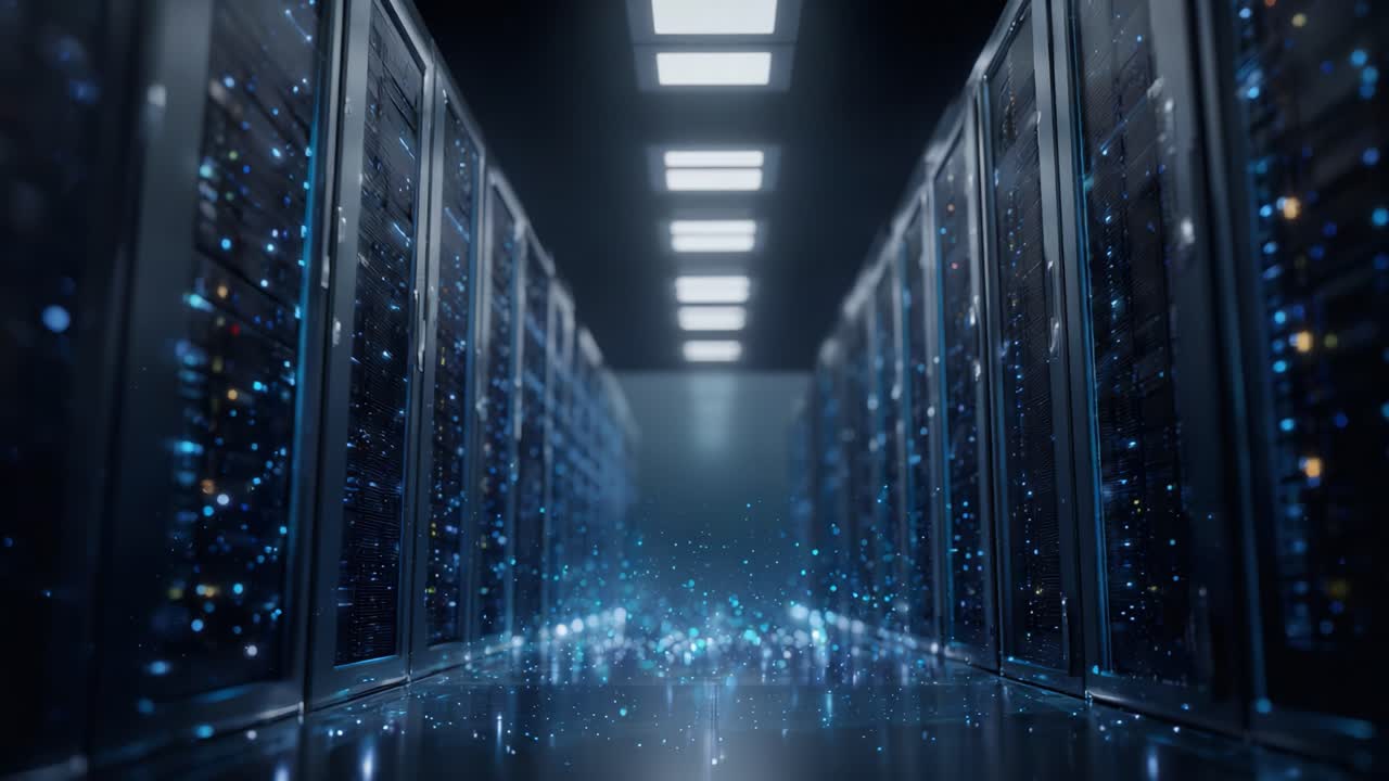 A Futuristic Data Center Filled with High-Tech Servers Illuminated by Radiant Light and Sparkling Particles, Showcasing Advanced Technology in Digital Storage Operations