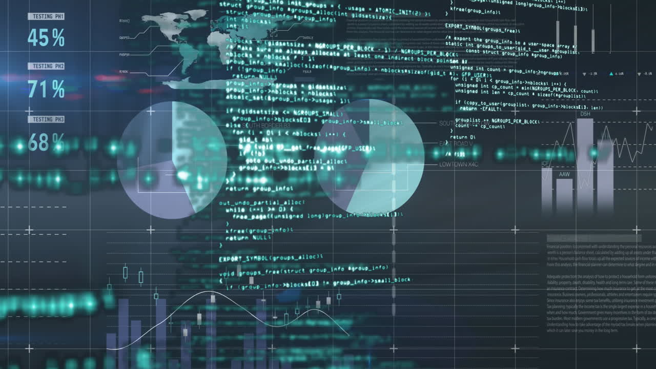 회색 배경에 대한 그리드 네트워크를 통해 통계 데이터 처리의 애니메이션