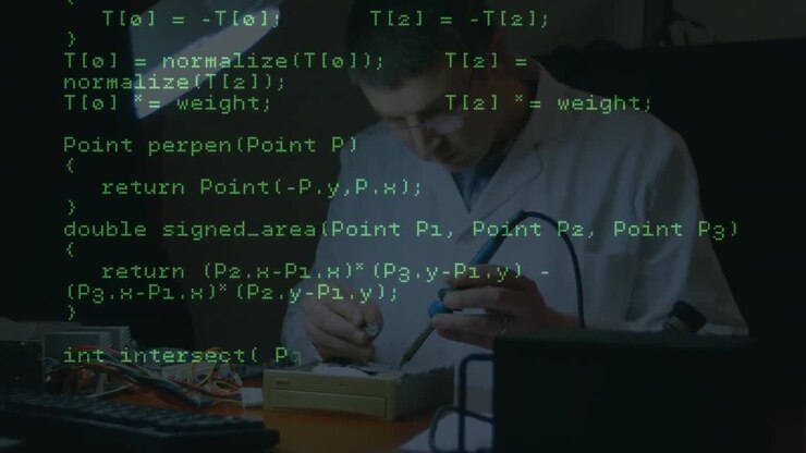 Animation of data processing over caucasian male scientist