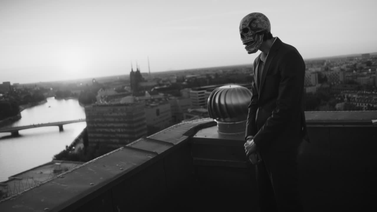 Man in Skull Mask Overlooking City from Rooftop at Sunset