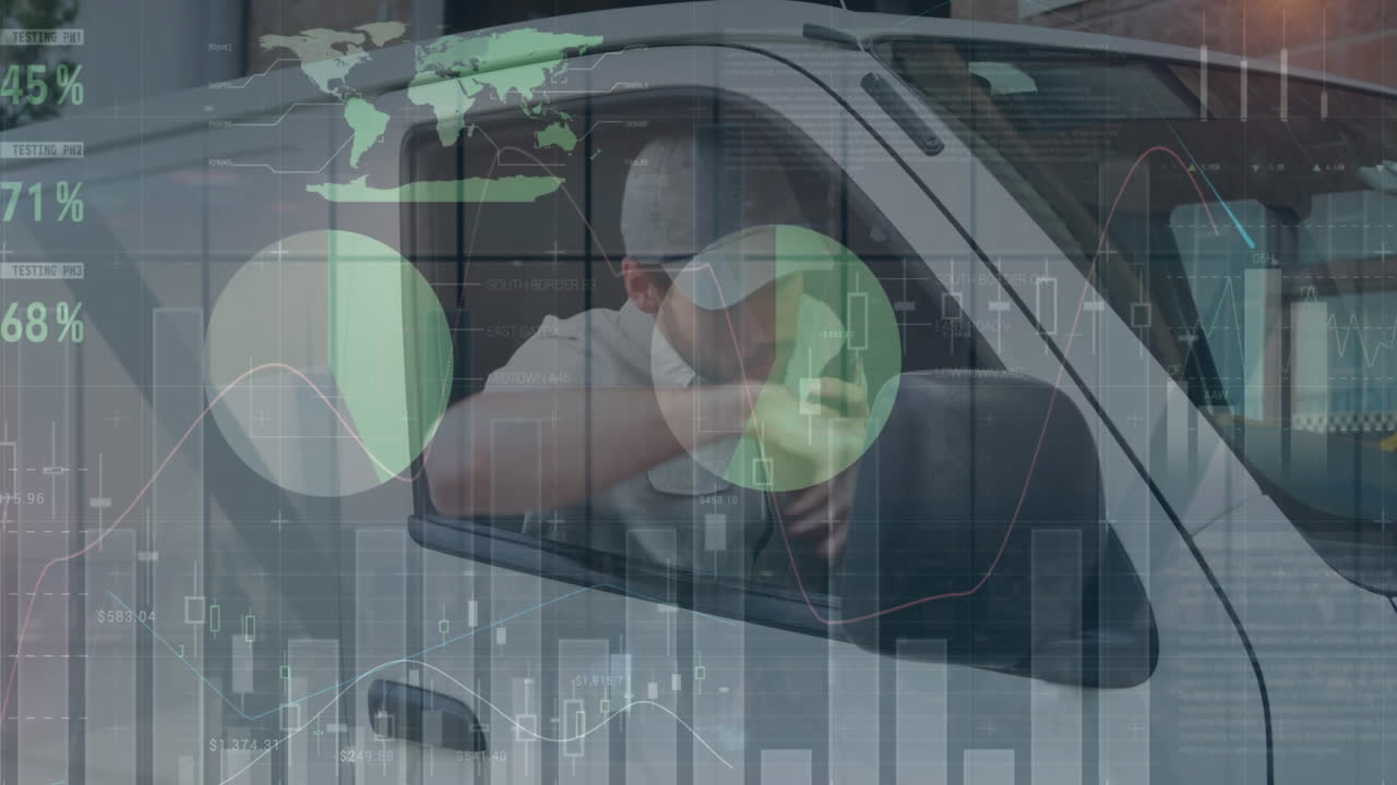 Animazione di elaborazione dati su uomo che scende dall'auto