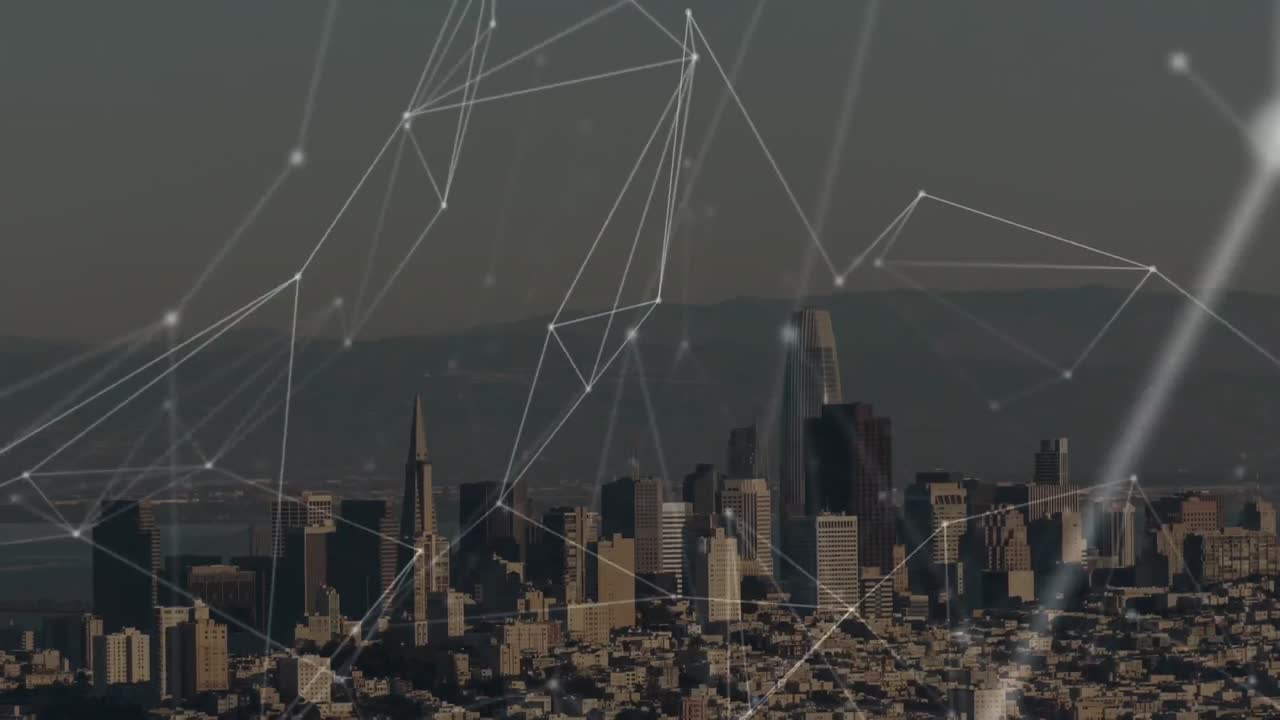 Animation of networks of connections over cityscape
