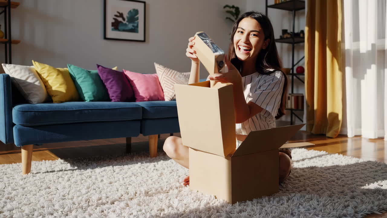 Happy Woman Unboxing a Package at Home