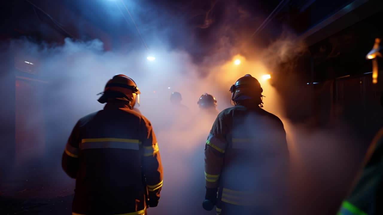 Brave firefighters navigate through thick smoke, illuminated by flashing lights, showcasing their courage and determination in the face of daunting challenges